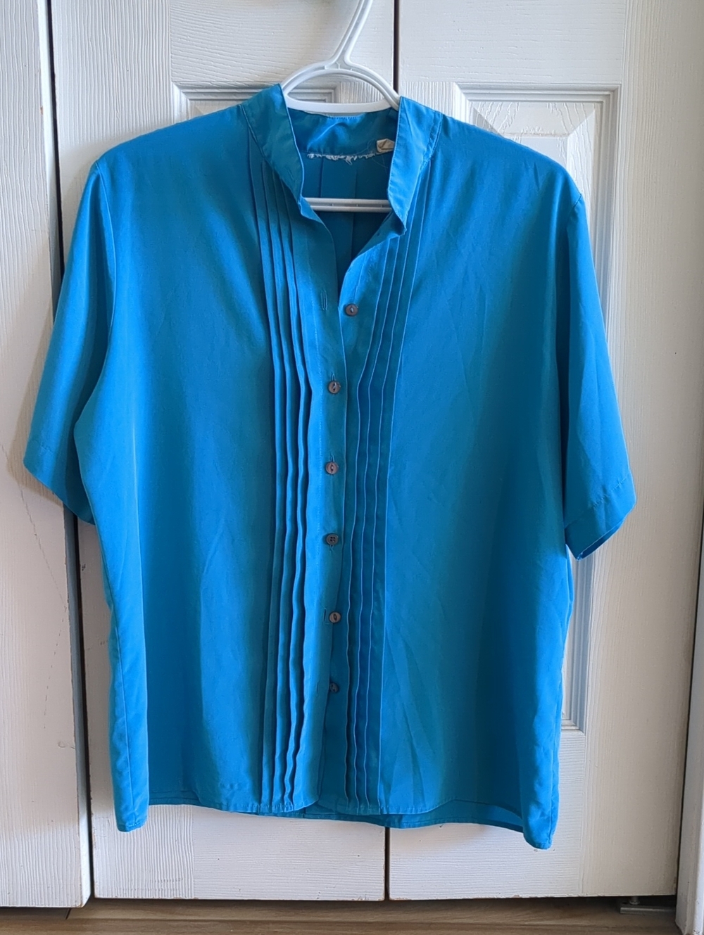 Vintage Pleated Front Short-Sleeve Shirt - Teal Blue